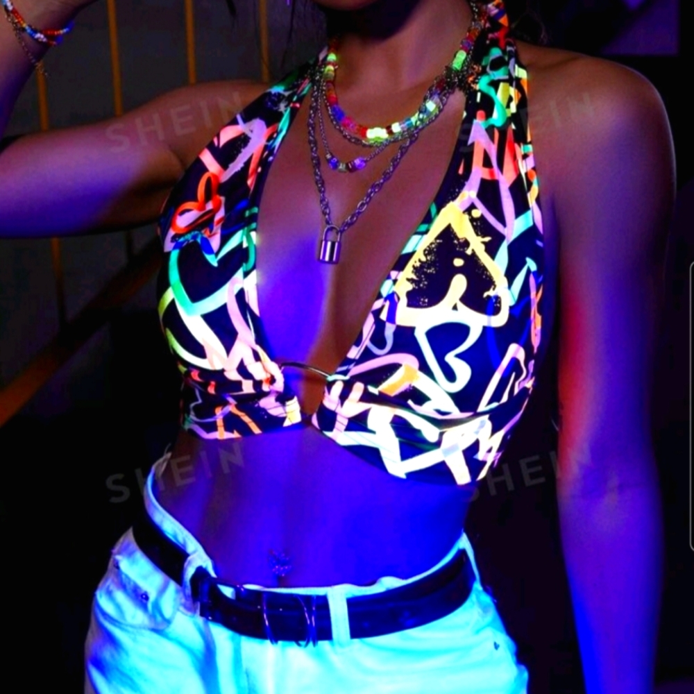 SHEIN Reflective Heart Print Tie Backless Halter Top Size M